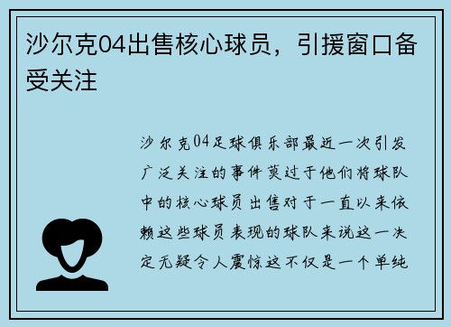 沙尔克04出售核心球员，引援窗口备受关注