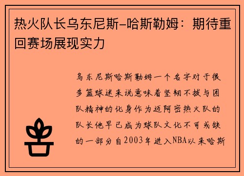 热火队长乌东尼斯-哈斯勒姆：期待重回赛场展现实力